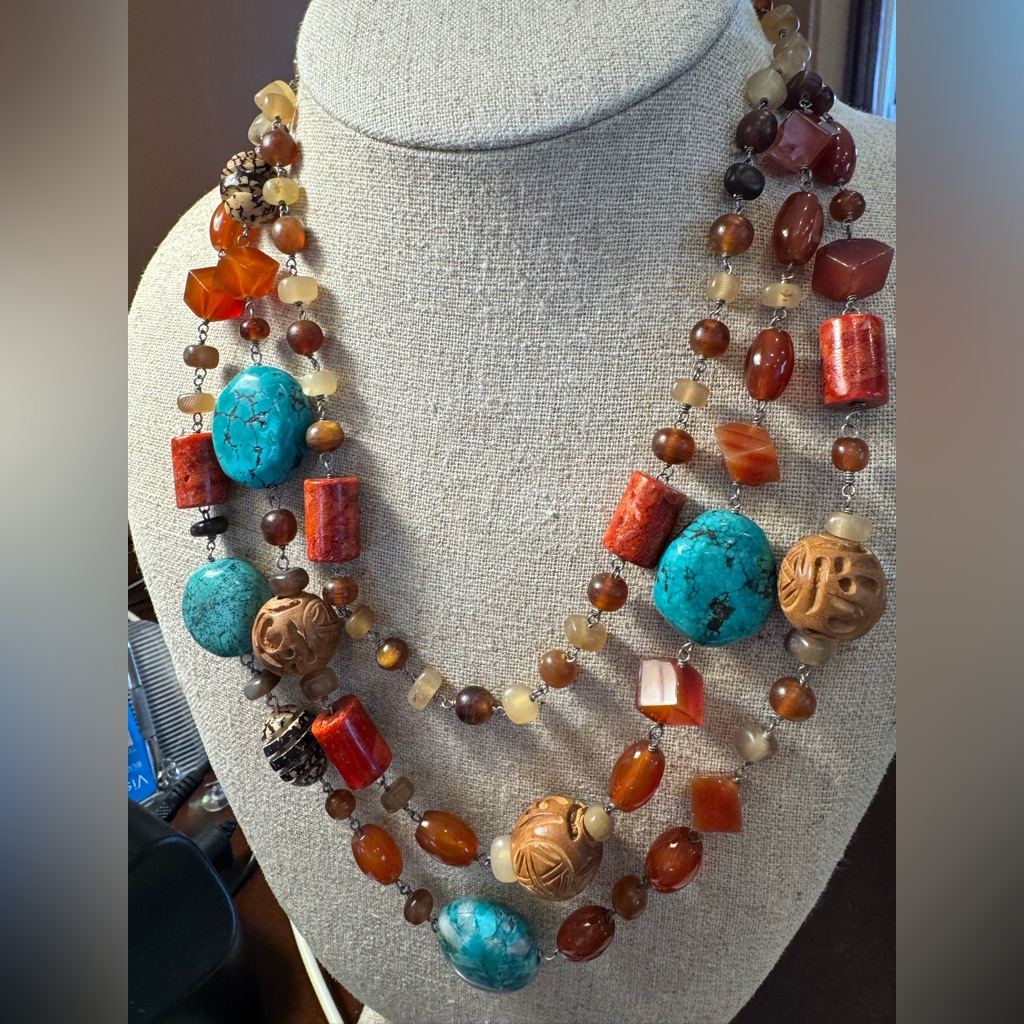 Multi Strand Beaded Necklace Faux Turquoise Coral Beachy Bohemian Festival